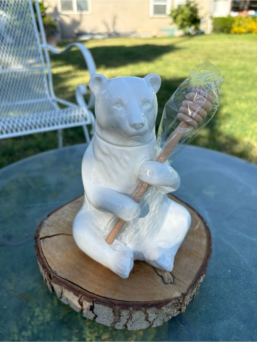 White Ceramic Bear Honey Pot with Dipper